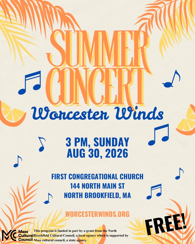 A summer concert flier with orange and yellow flowers and fruit; and blue music notes.